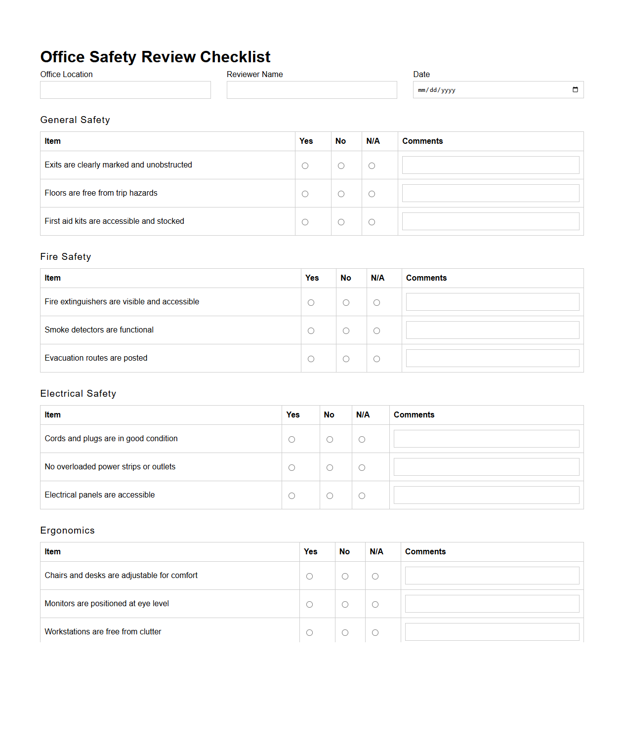 Office Safety Review Checklist