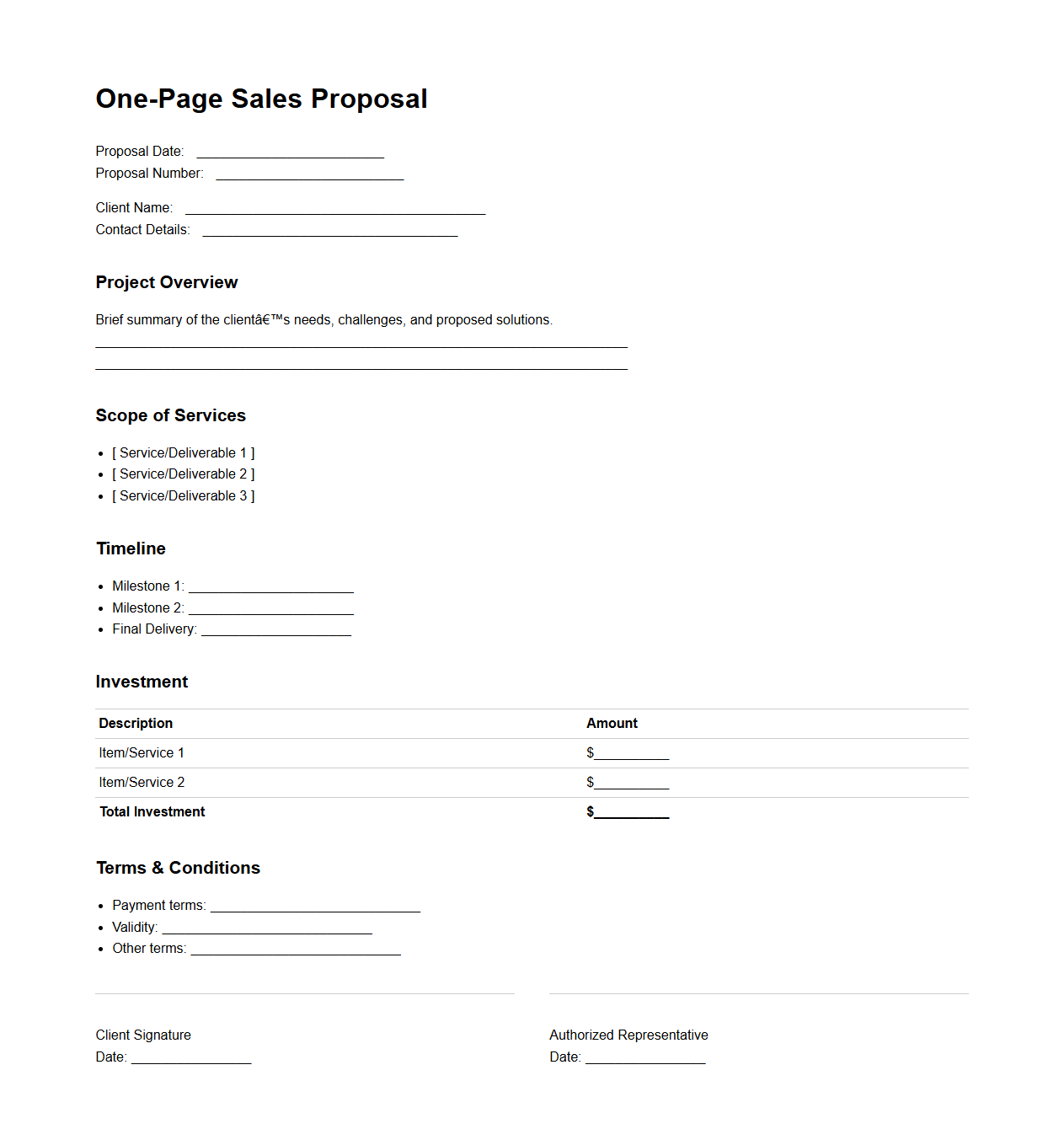 One-Page Sales Proposal Format