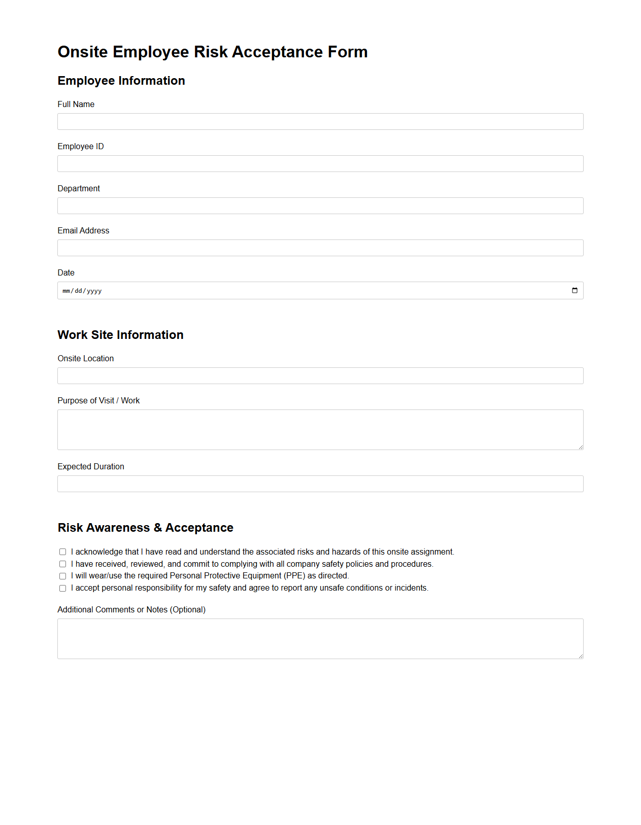 Onsite Employee Risk Acceptance Form