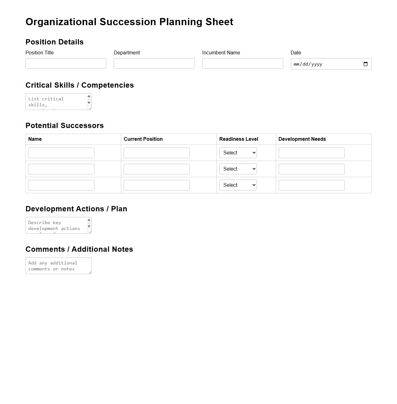 Organizational Succession Planning Sheet