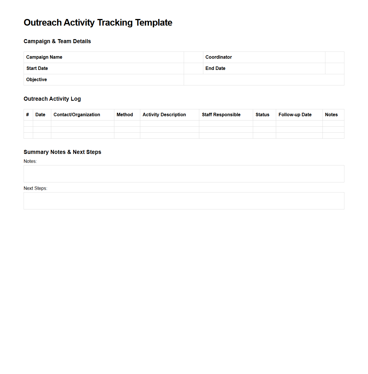 Outreach Activity Tracking Template for Nonprofit Campaigns