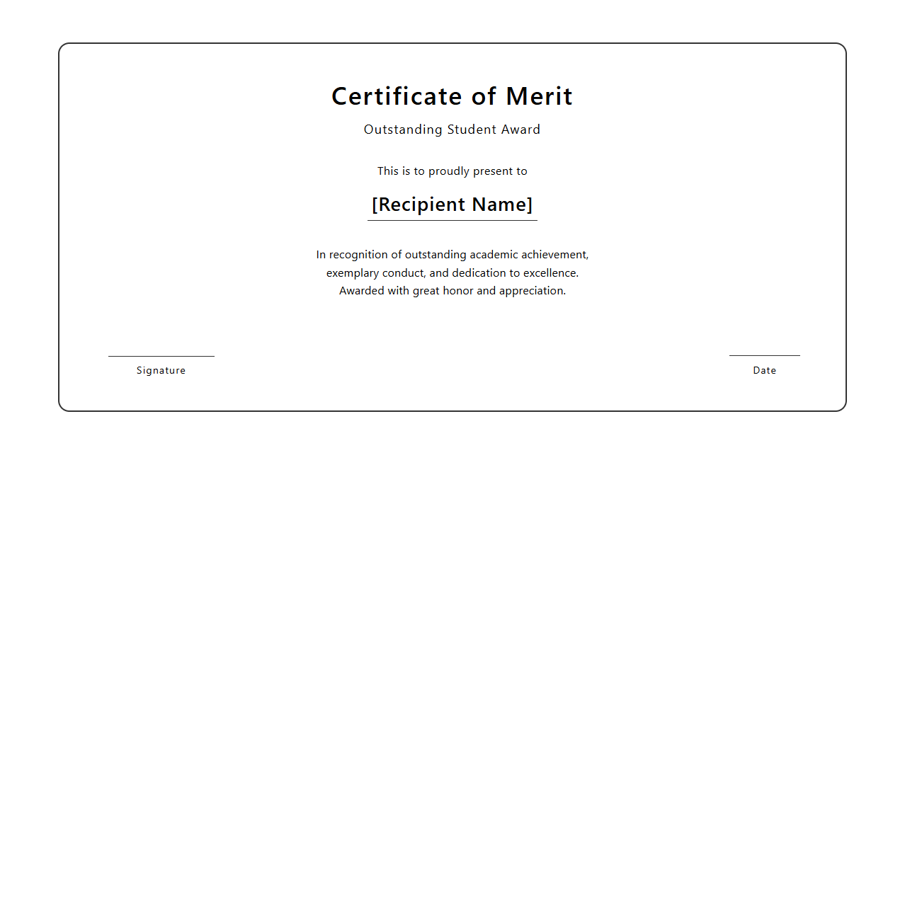 Outstanding Student Merit Certificate Template