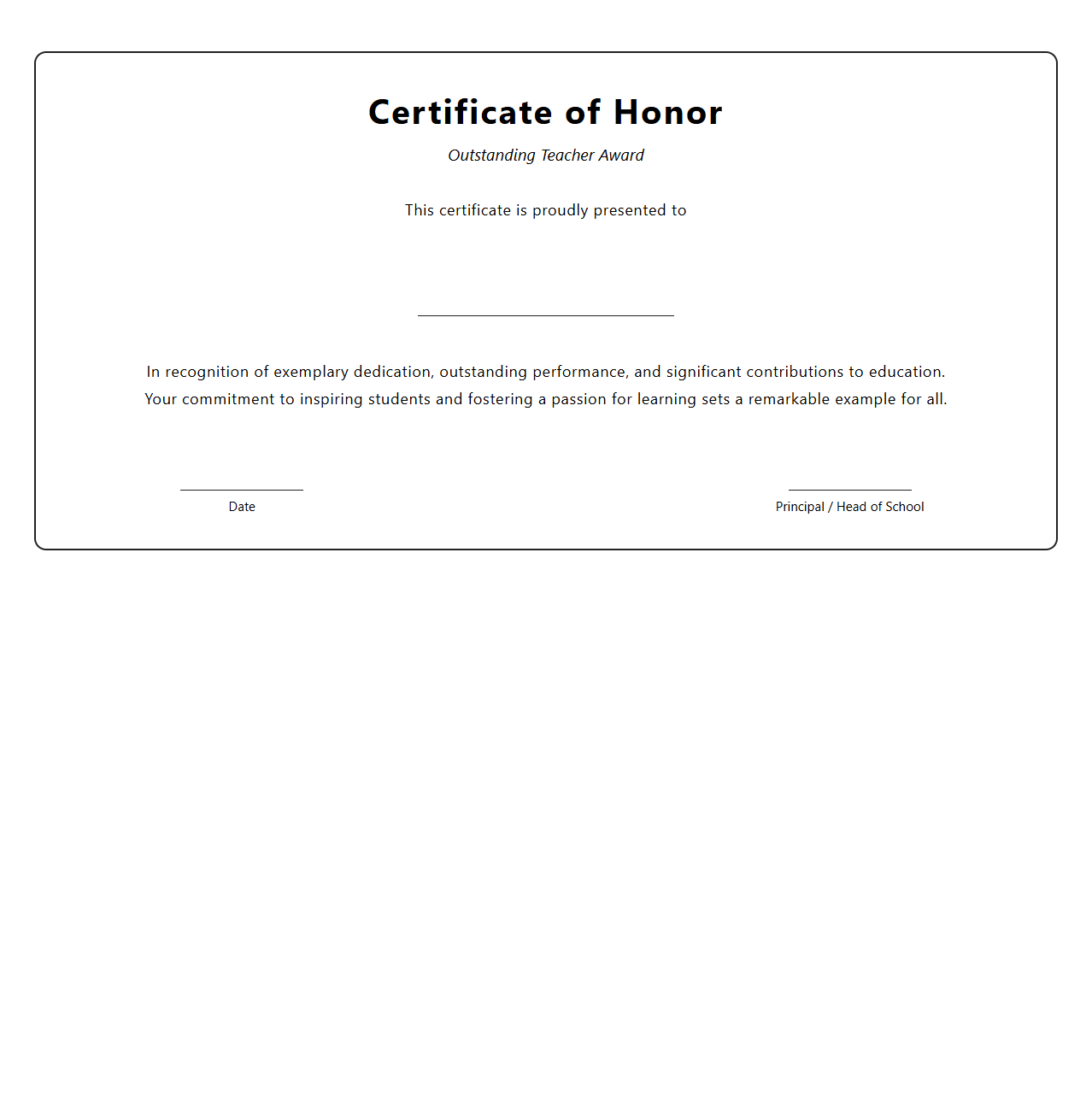 Outstanding Teacher Honor Certificate Template