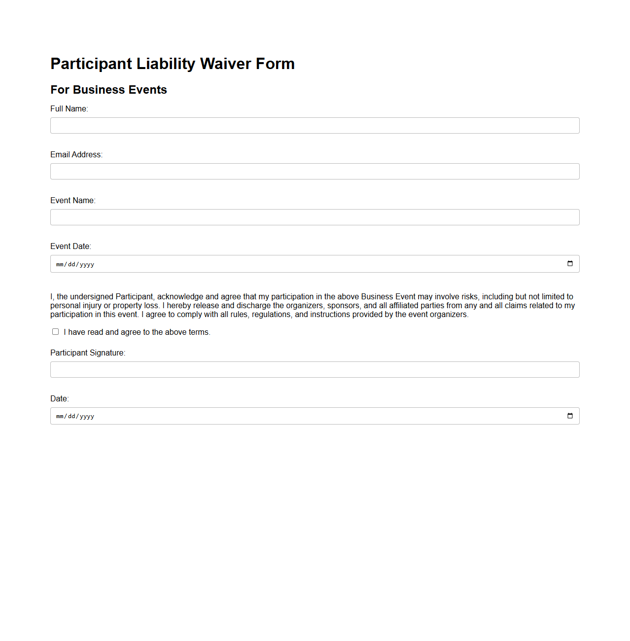 Participant Liability Waiver Form for Business Events