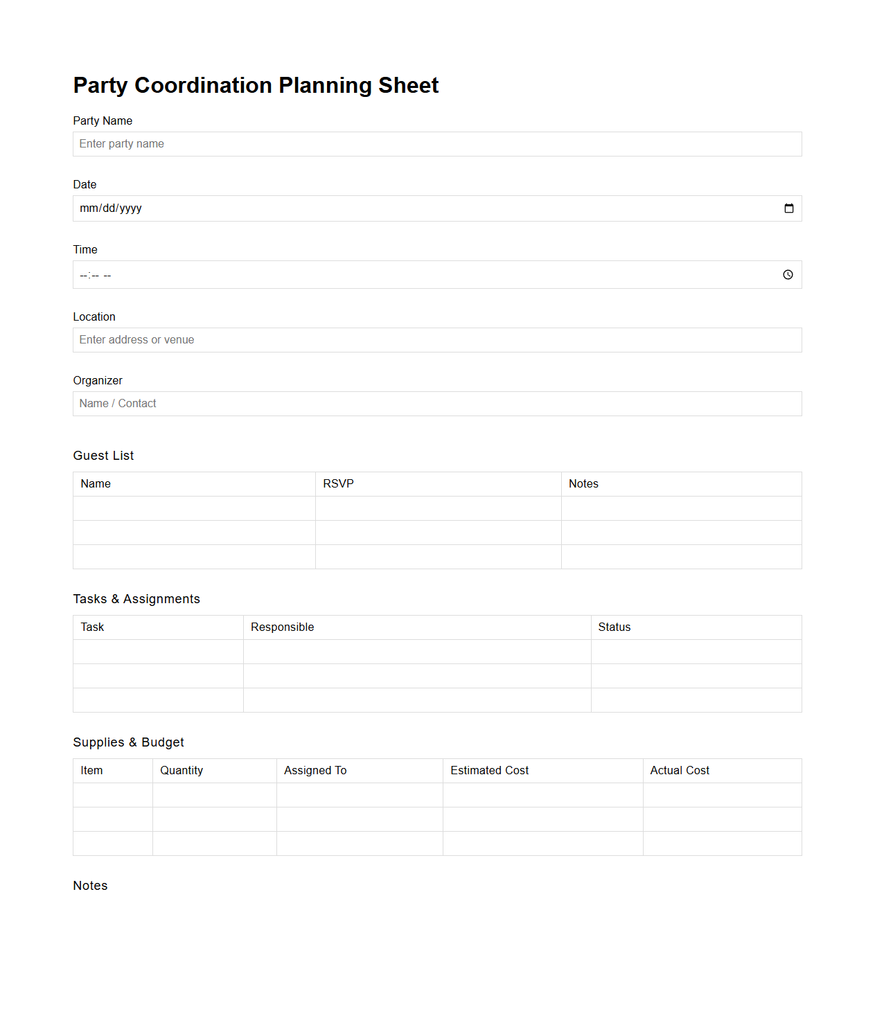 Party Coordination Planning Sheet