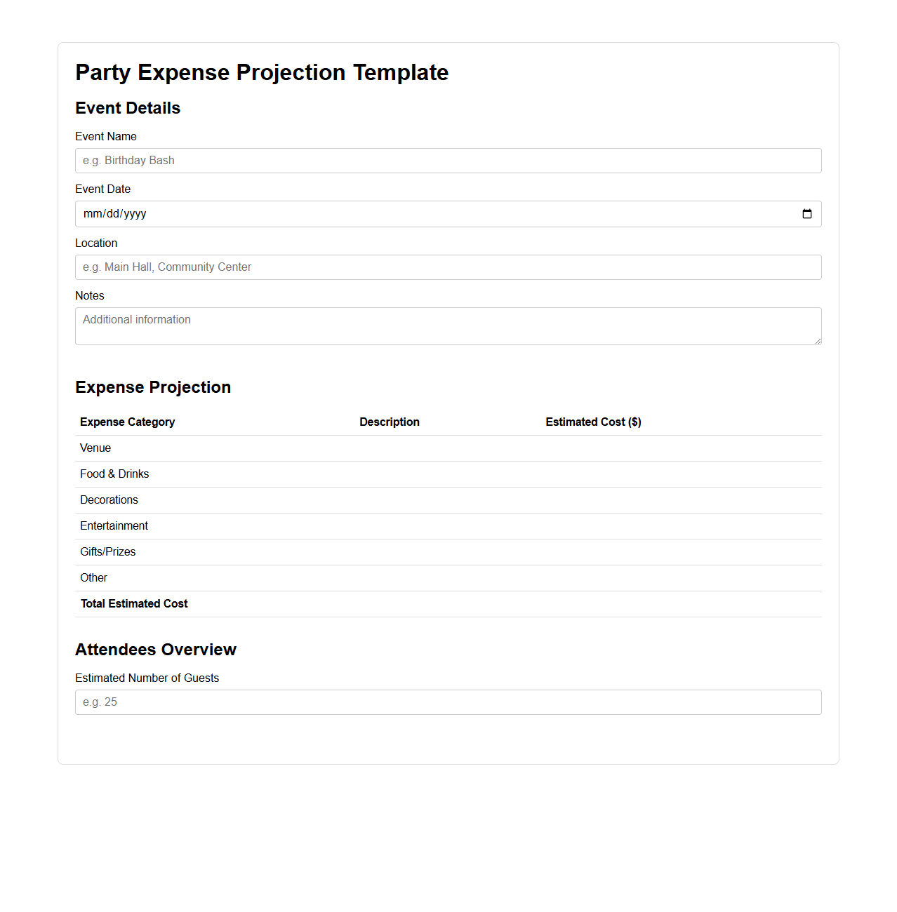 Party Expense Projection Template