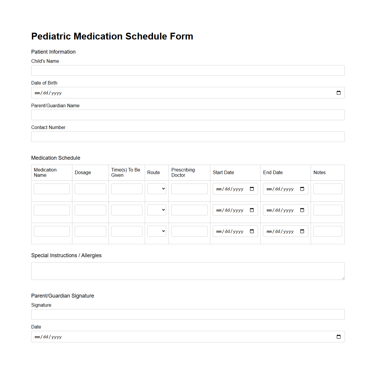Pediatric Medication Schedule Form
