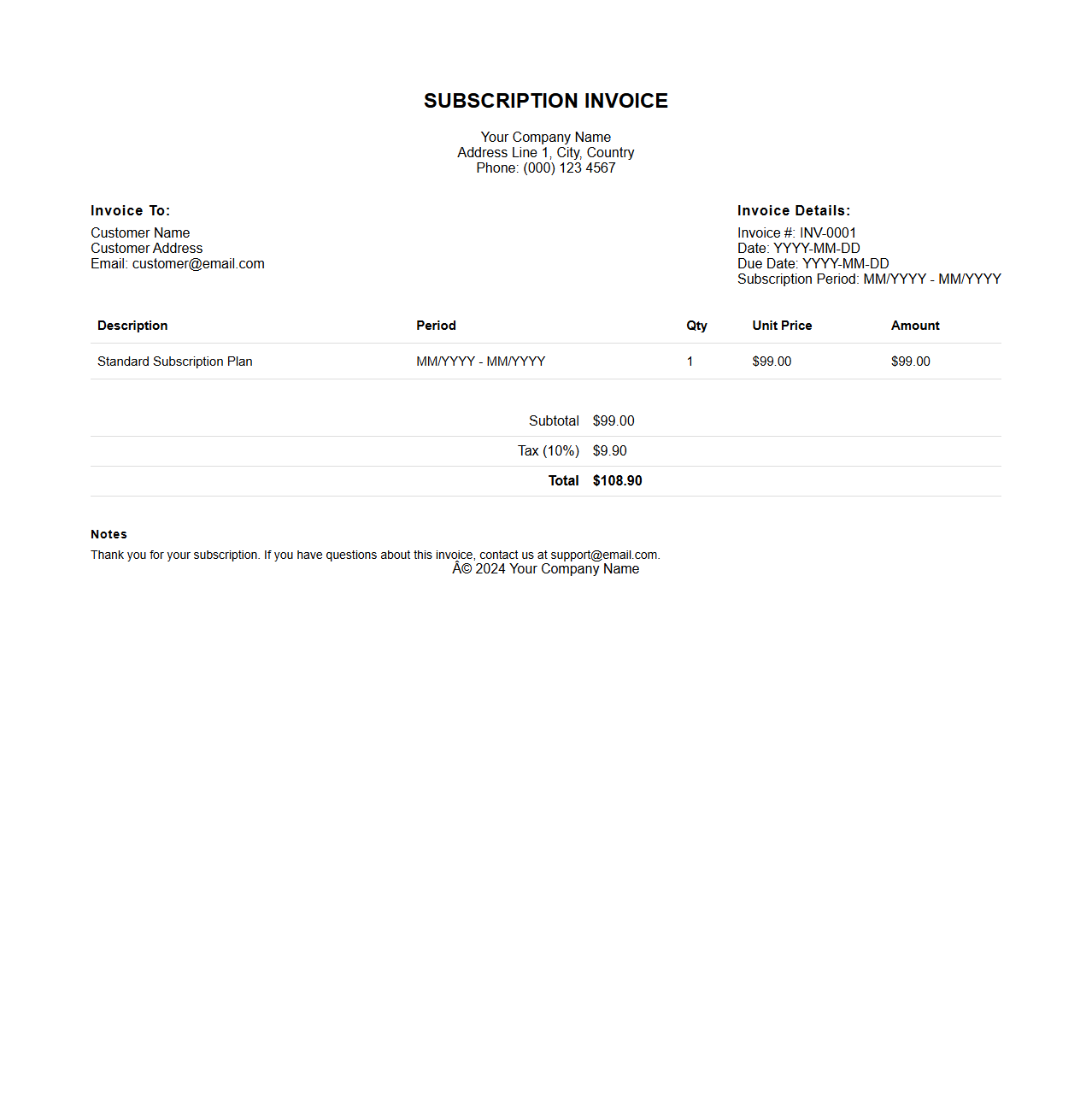 Periodic Subscription Invoice Layout