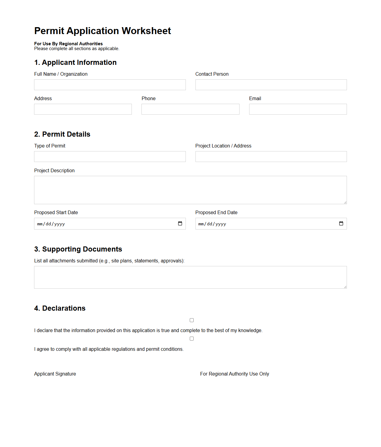 Permit Application Worksheet for Regional Authorities