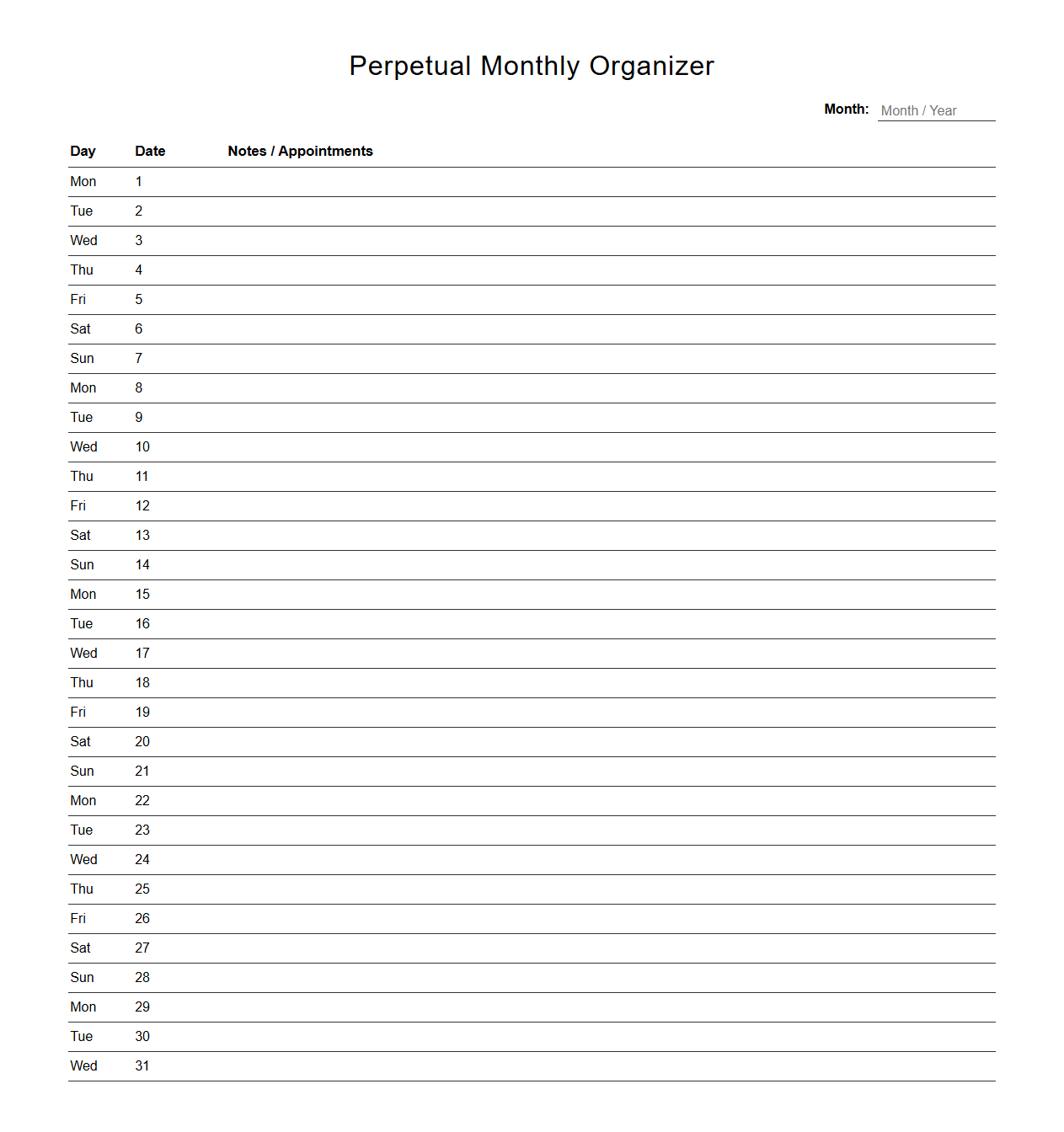Perpetual Monthly Organizer Page
