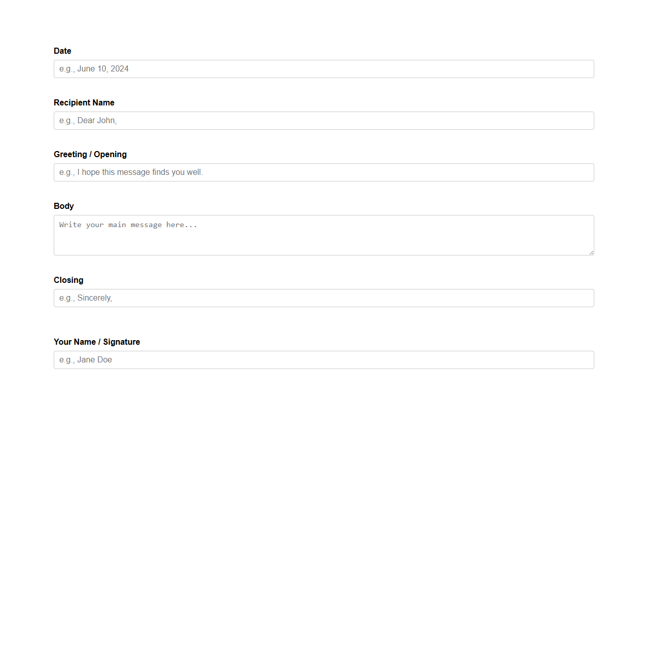 Personal Blank Letter Outline for Everyday Communication