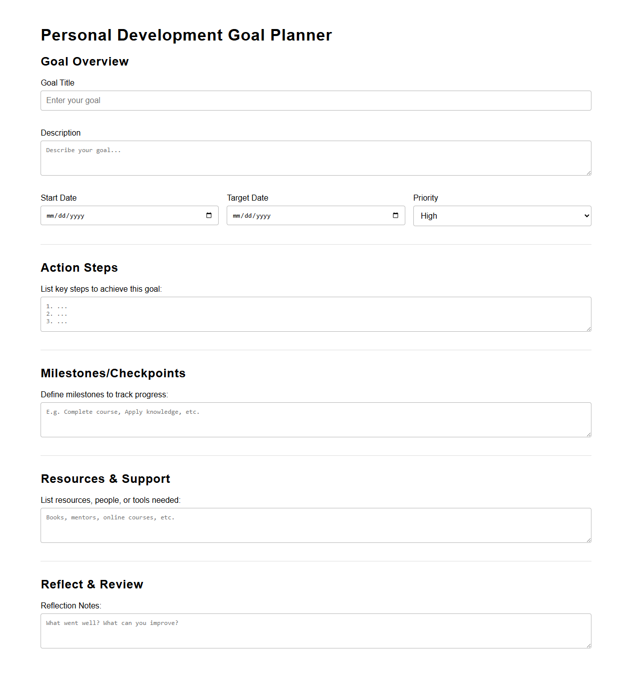 Personal Development Goal Planner Template