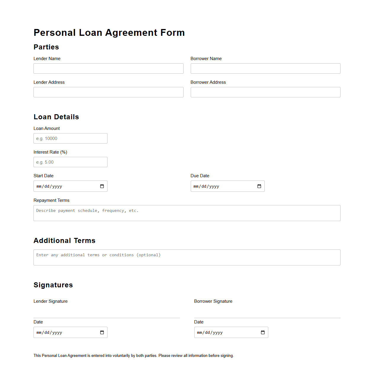 Personal Loan Agreement Form