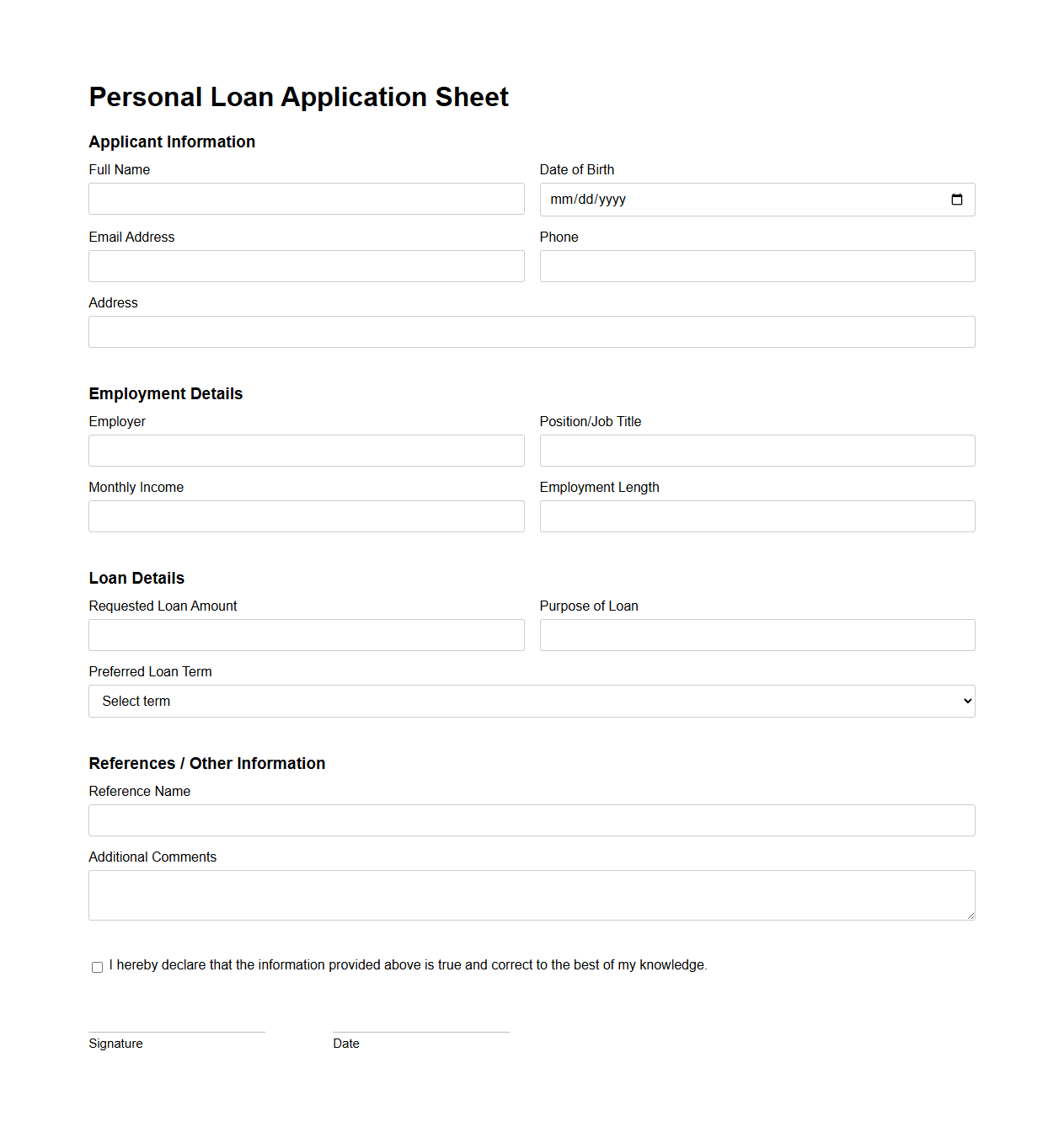 Personal Loan Application Sheet