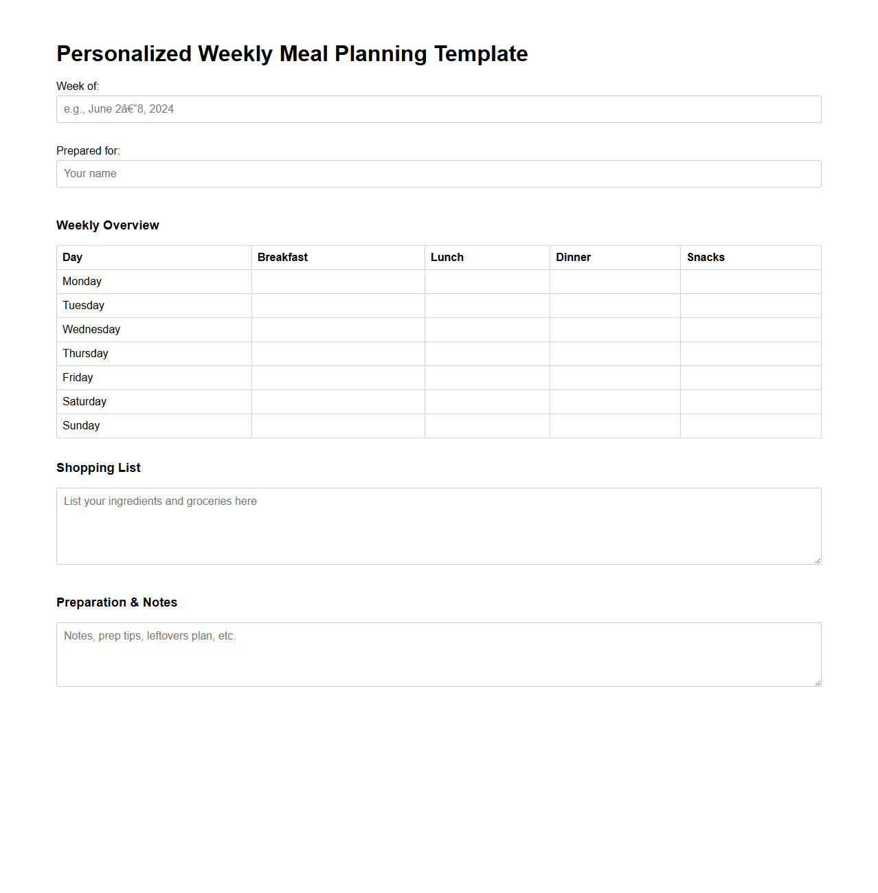 Personalized Weekly Meal Planning Template