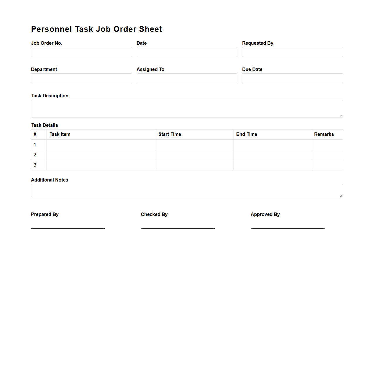 Personnel Task Job Order Sheet