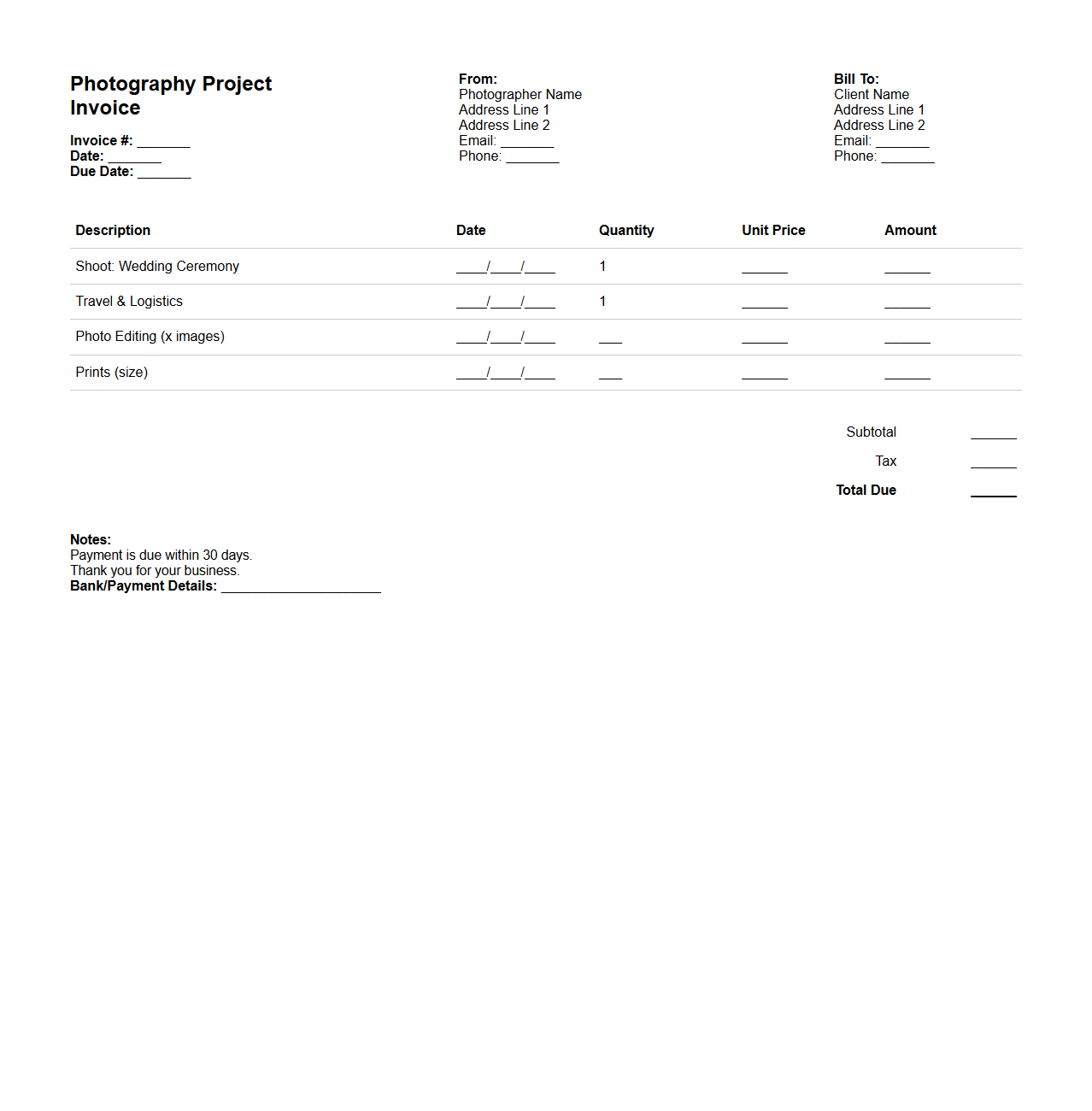 Photography Project Itemized Invoice