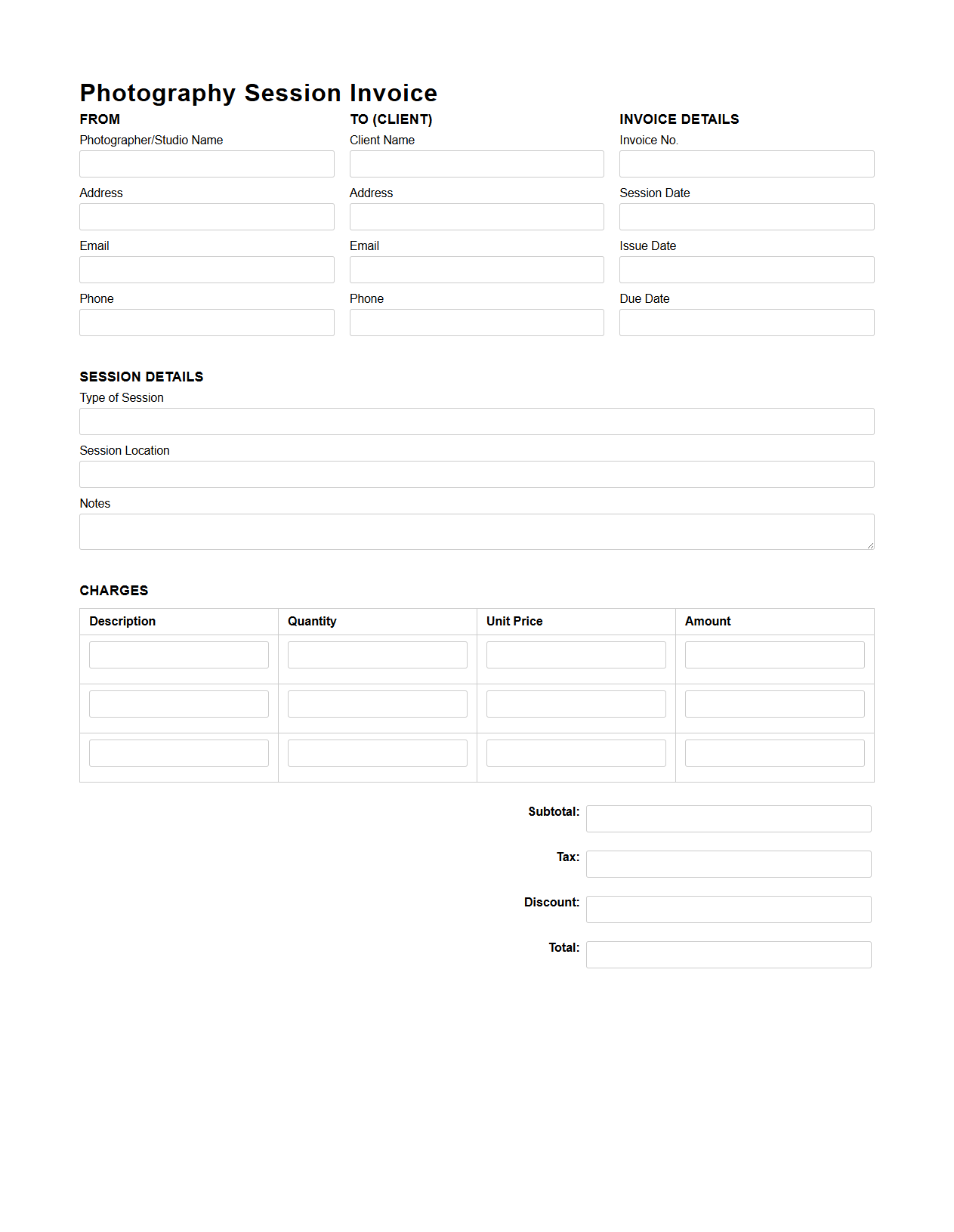 Photography Session Invoice Sheet