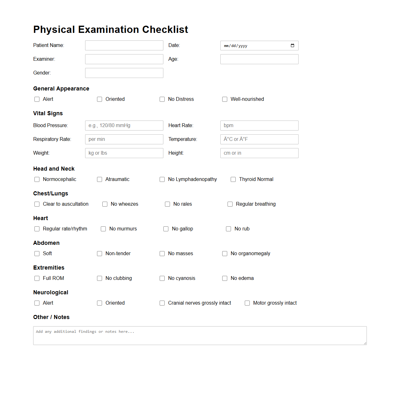 Physical Examination Checklist Template