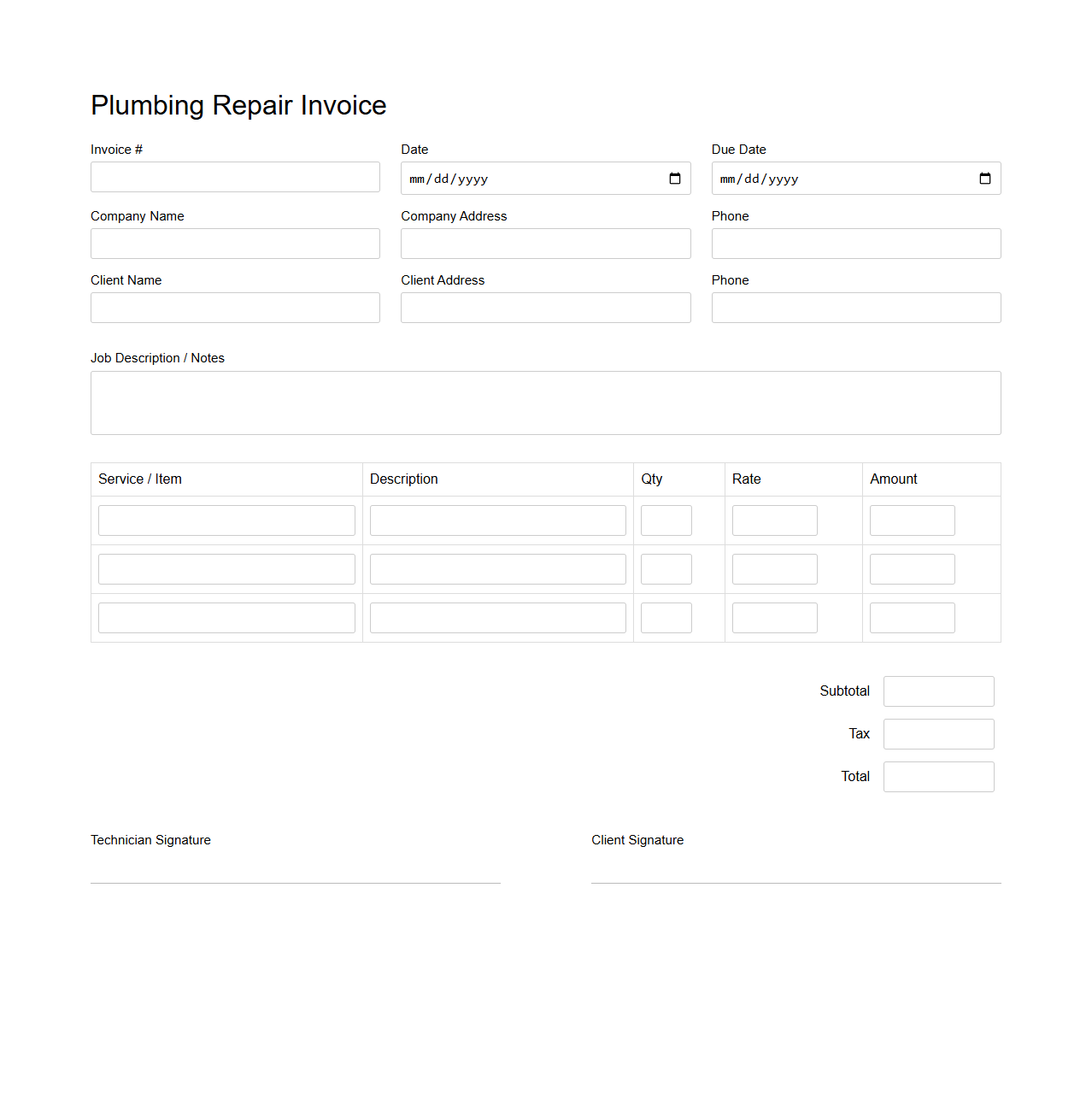 Plumbing Repair Invoice Form