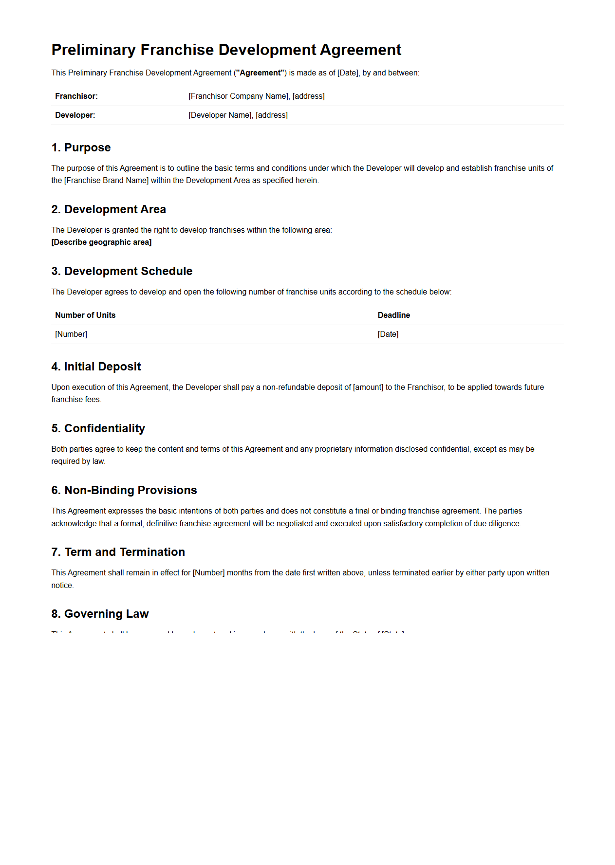 Preliminary Franchise Development Agreement Template