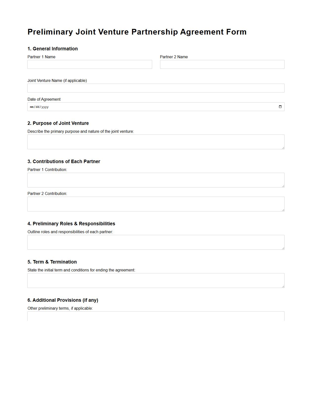 Preliminary Joint Venture Partnership Agreement Form