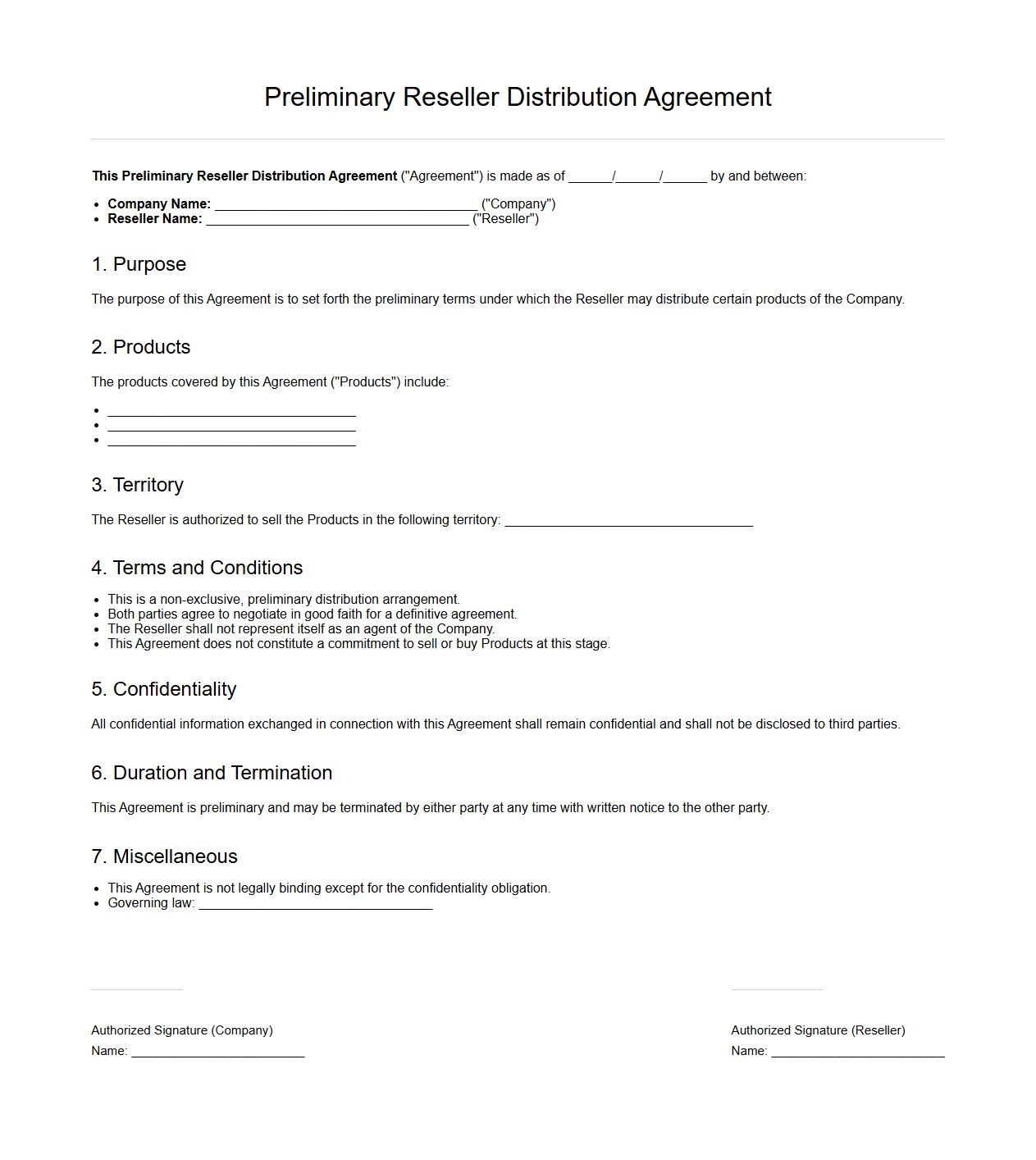 Preliminary Reseller Distribution Agreement Layout