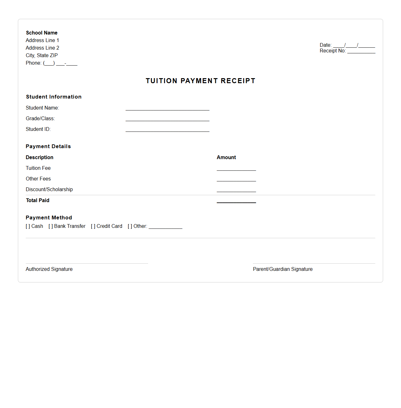 Private School Tuition Receipt Design