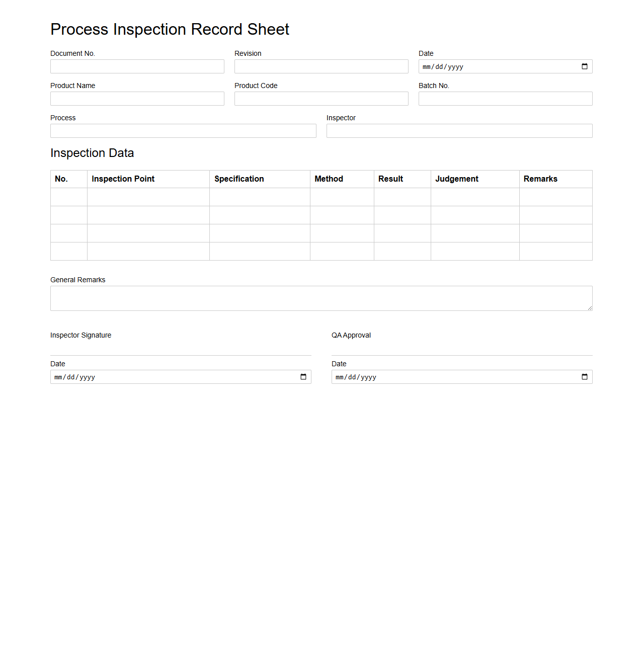 Process Inspection Record Sheet for QA
