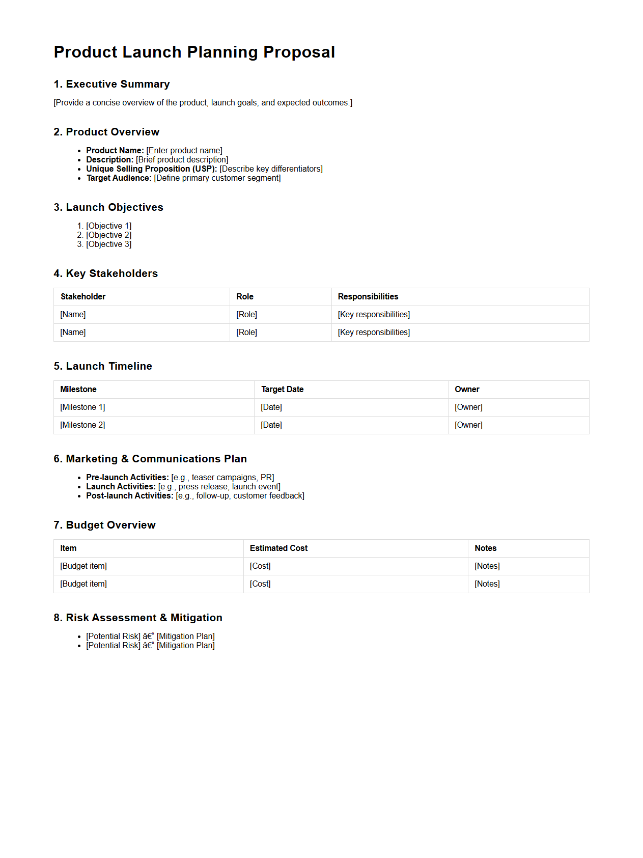 Product Launch Planning Proposal Template