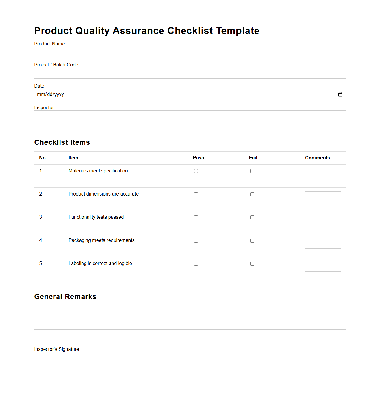 Product Quality Assurance Checklist Template