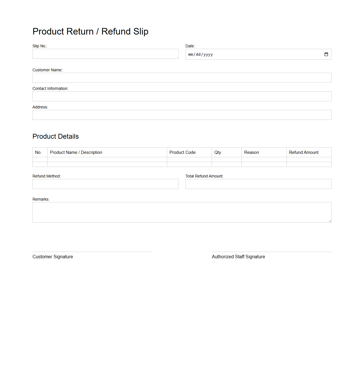 Product Return Refund Slip Template