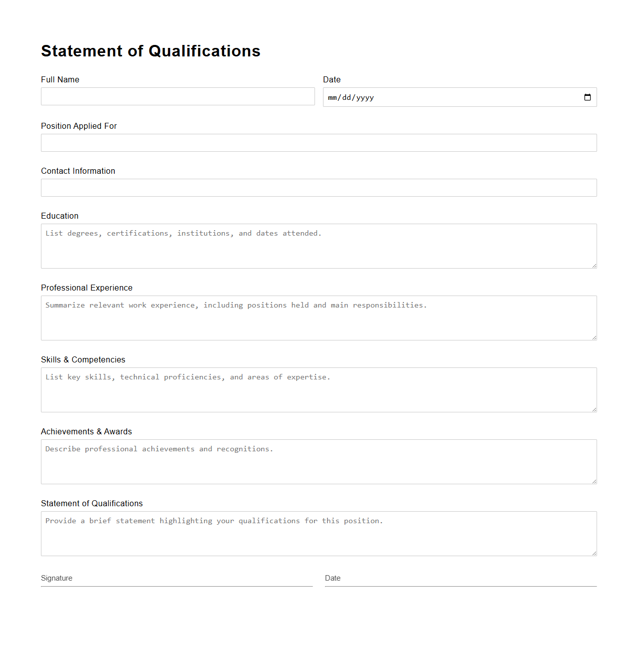 Professional Applicant Statement of Qualifications Form