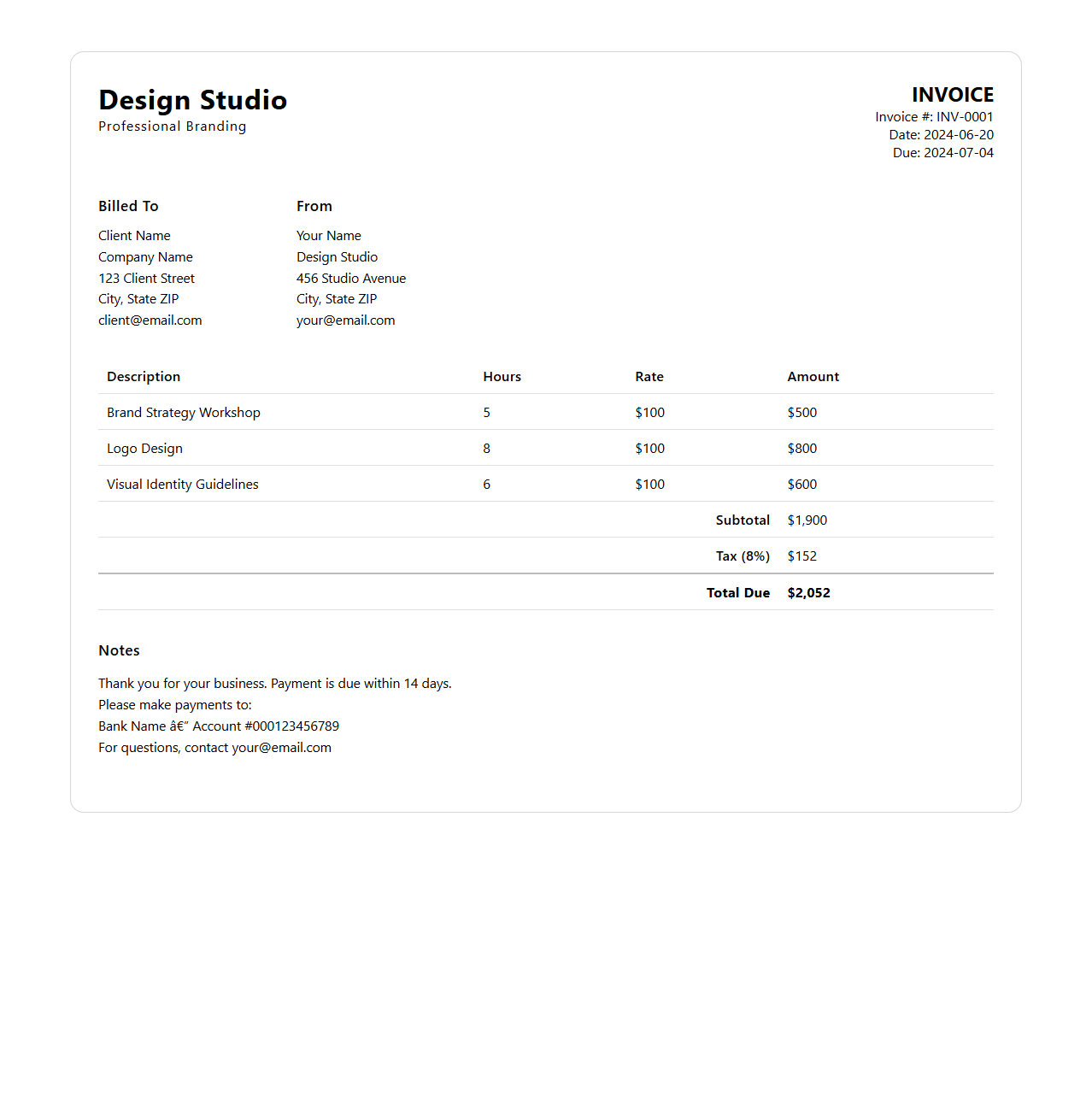 Professional Branding Invoice Template for Designers