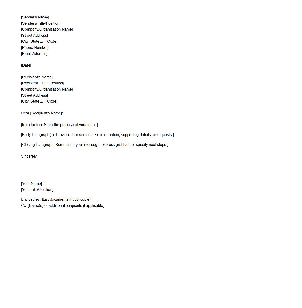 Professional Business Letter Outline