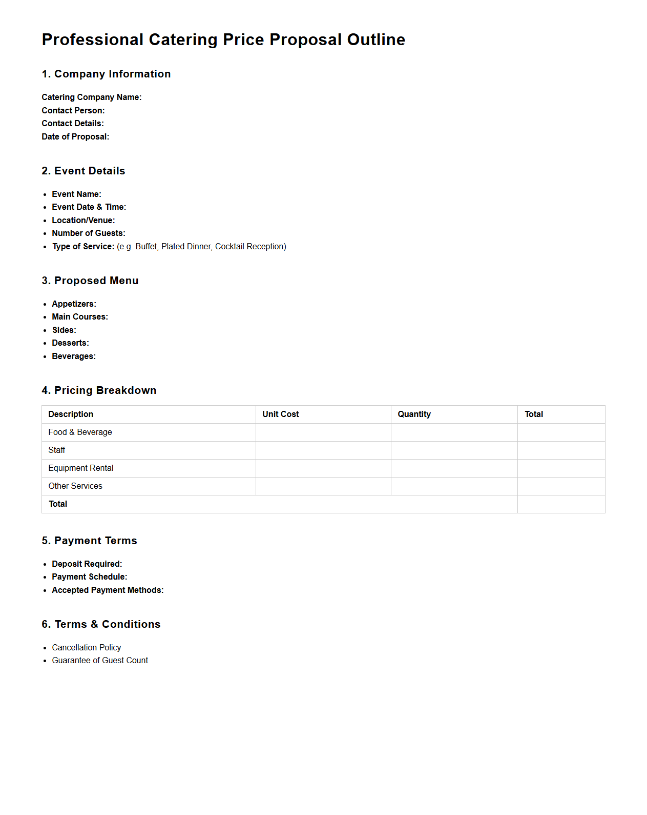 Professional Catering Price Proposal Outline