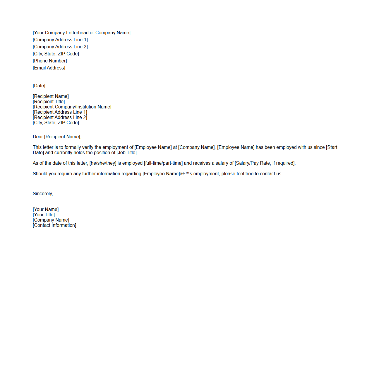 Professional Employment Verification Letter Draft