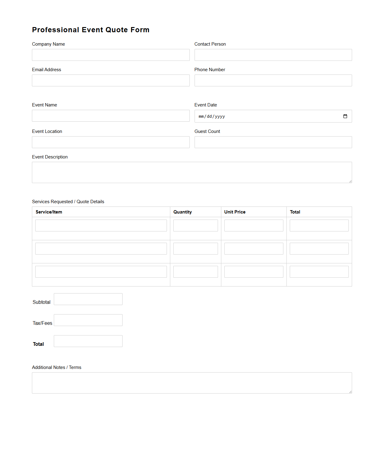 Professional Event Quote Form Template