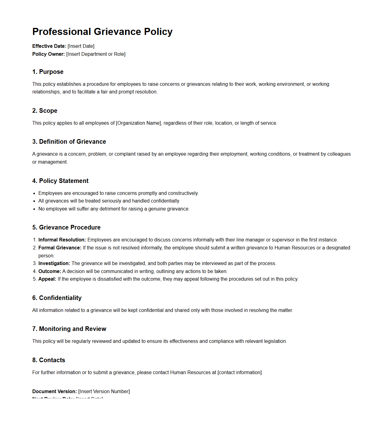 Professional Grievance Policy Document Sample