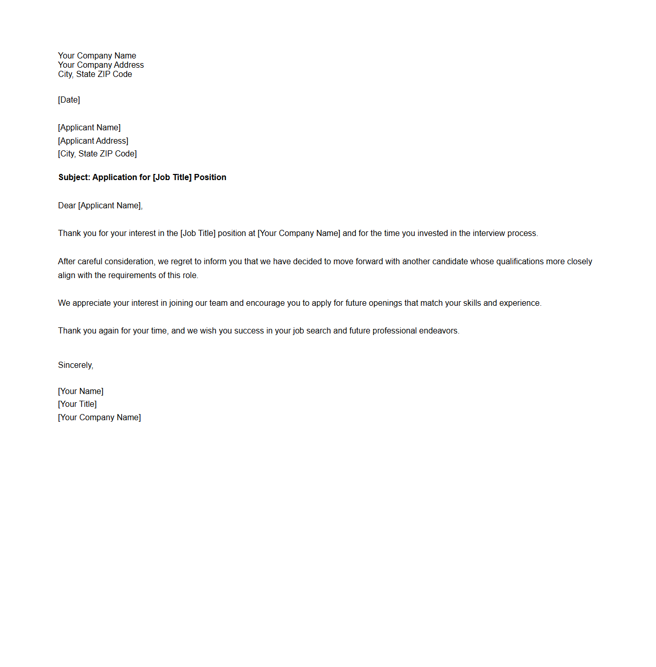 Professional Job Rejection Letter Template