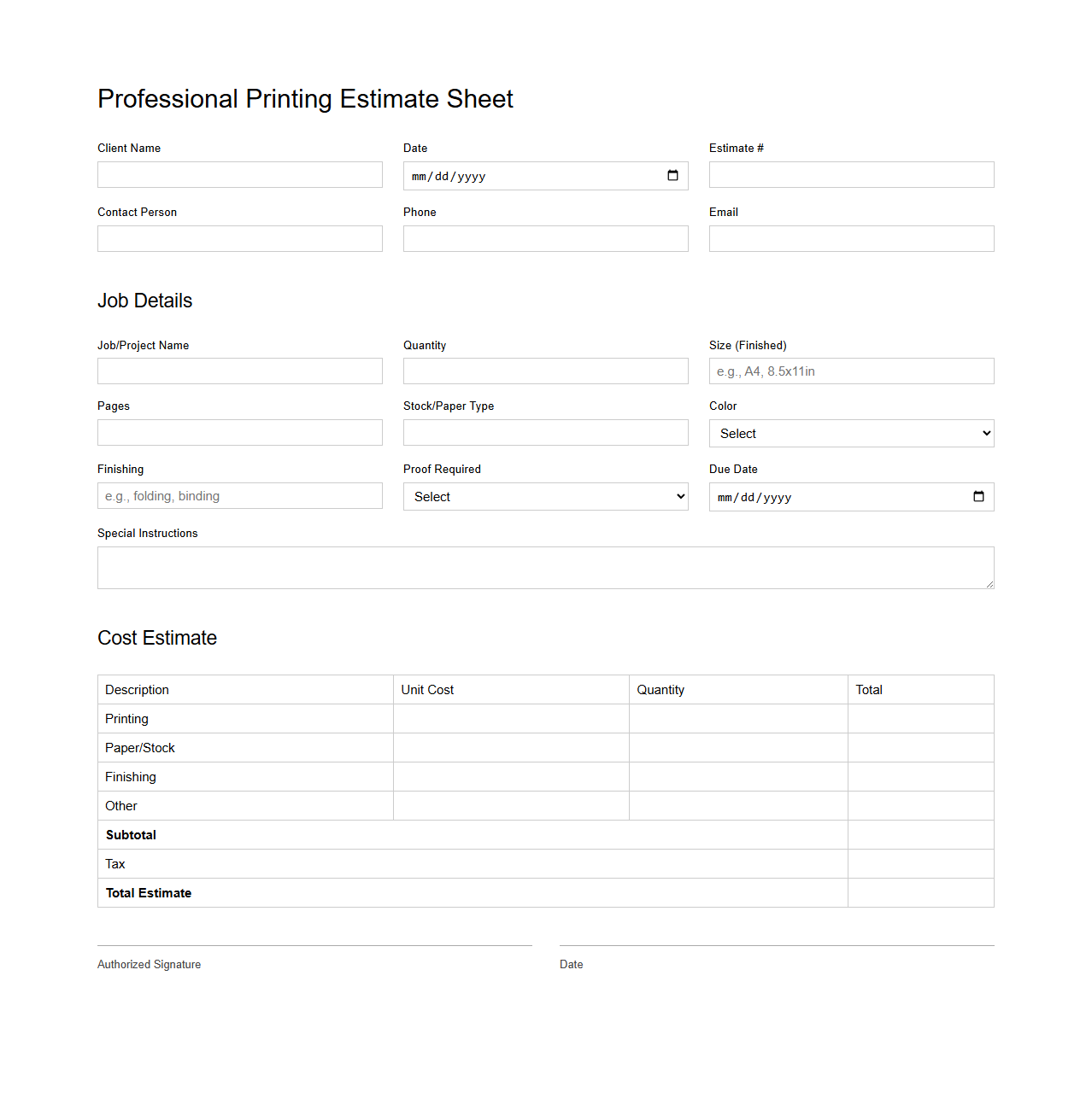 Professional Printing Estimate Sheet for Print Requests