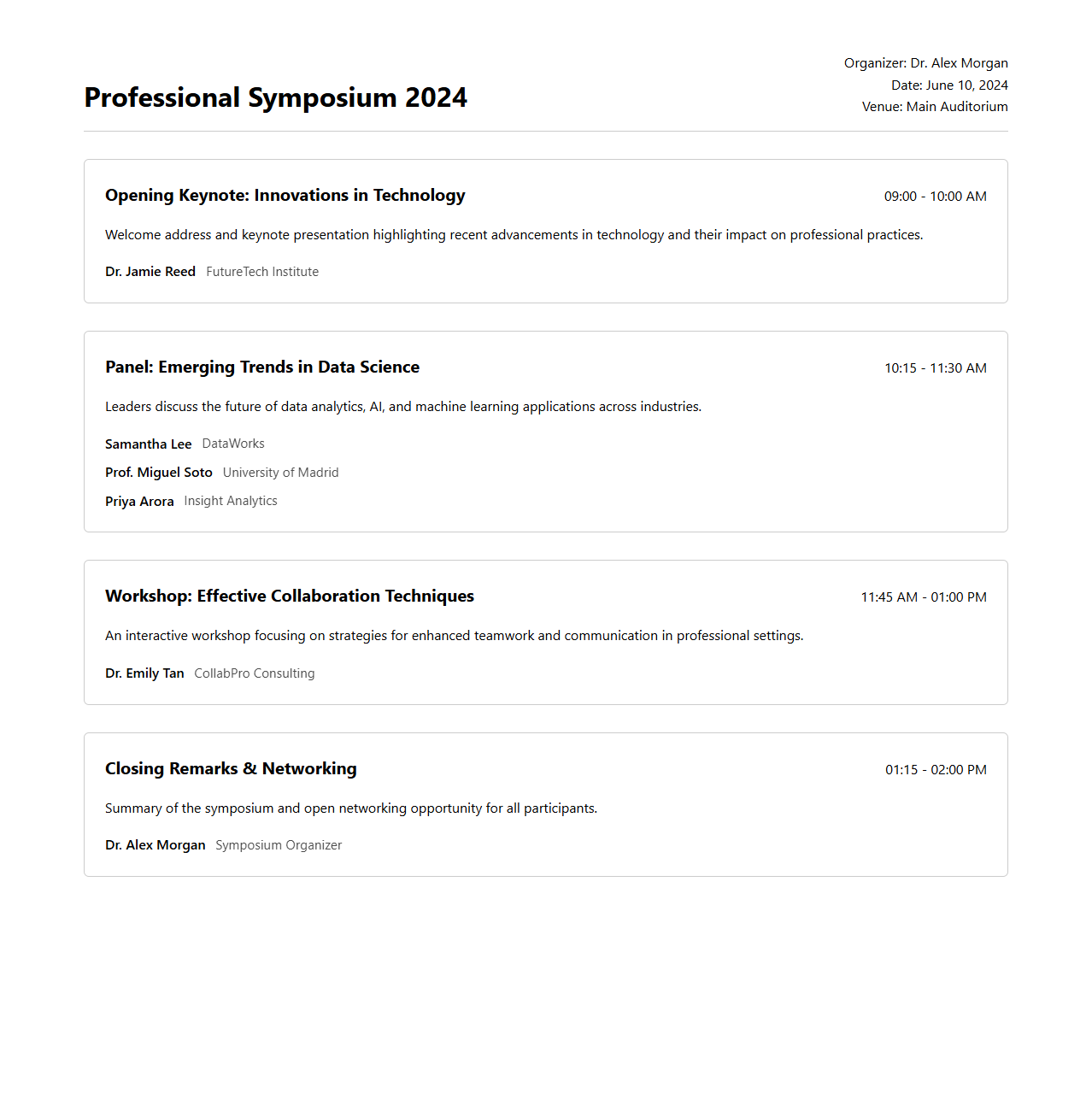 Professional Symposium Session Organizer Layout
