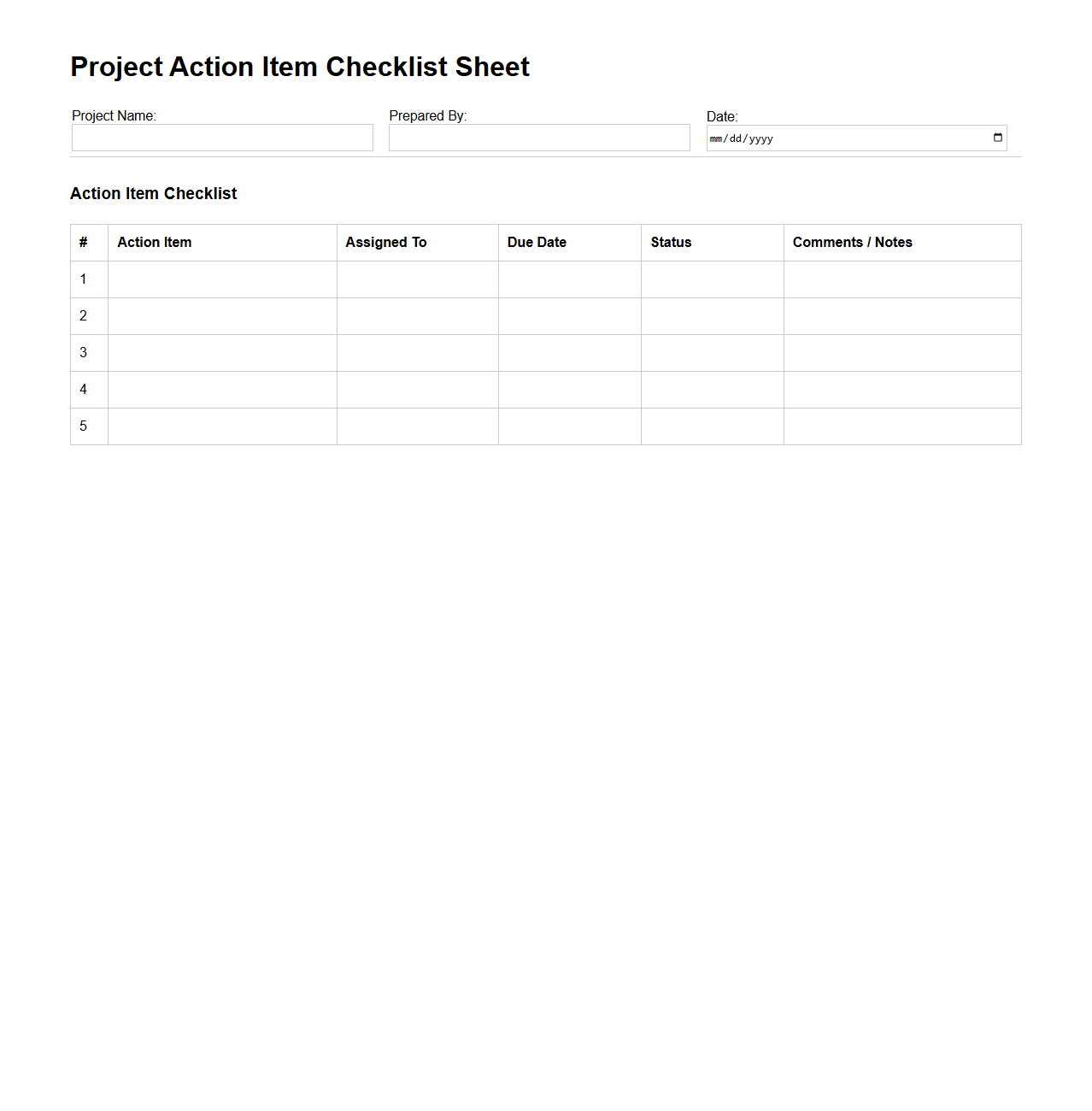 Project Action Item Checklist Sheet