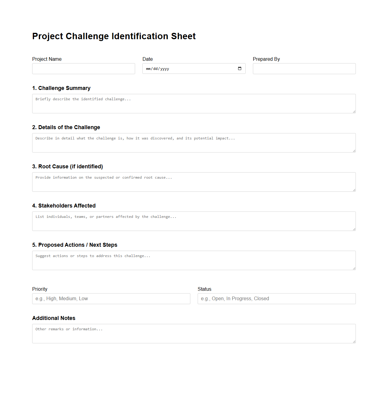 Project Challenge Identification Sheet