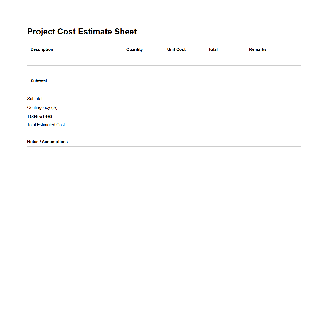 Project Cost Estimate Sheet