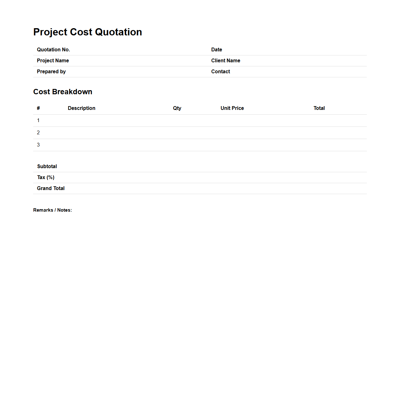Project Cost Quotation Format