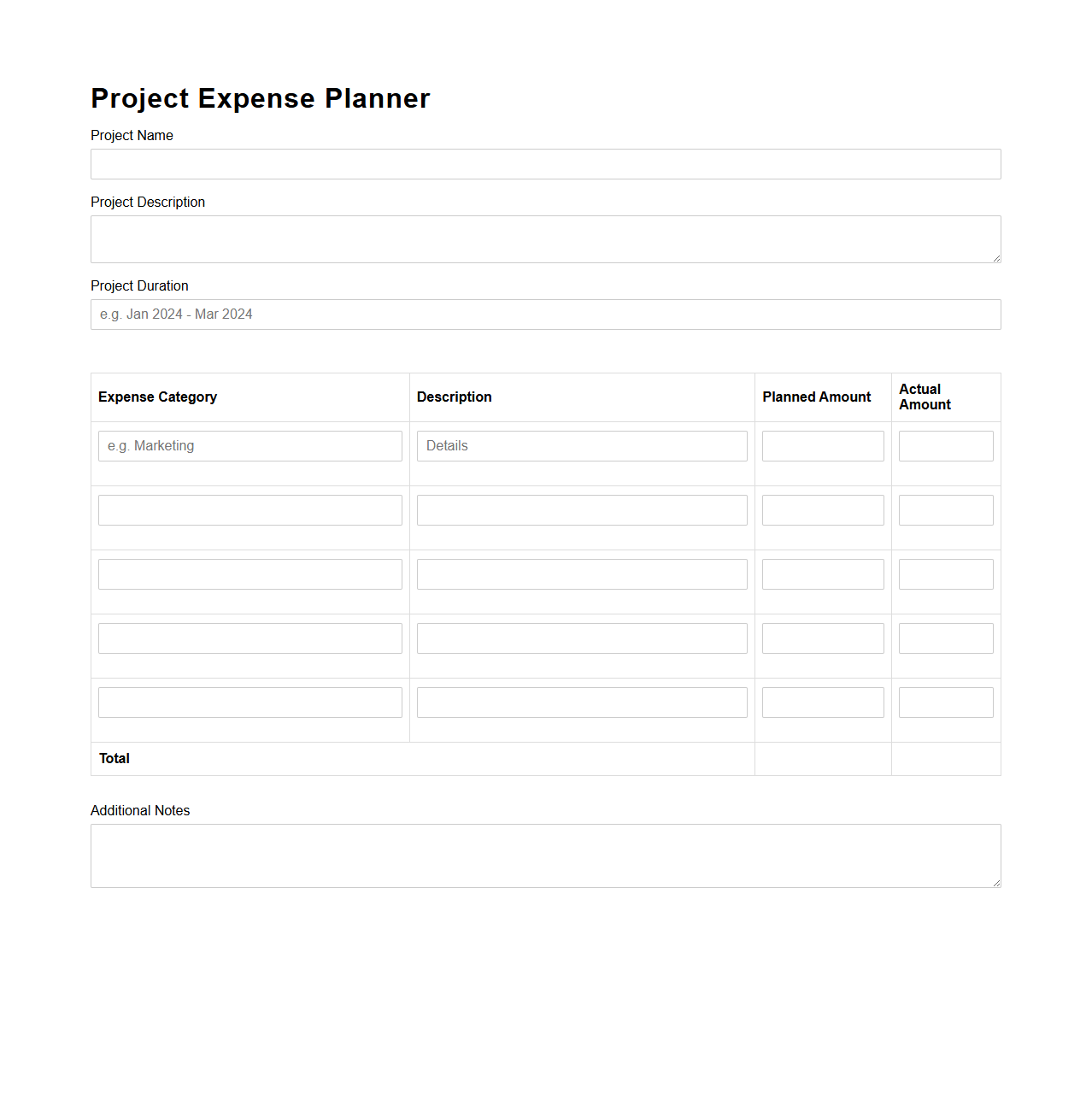 Project Expense Planner for Small Companies