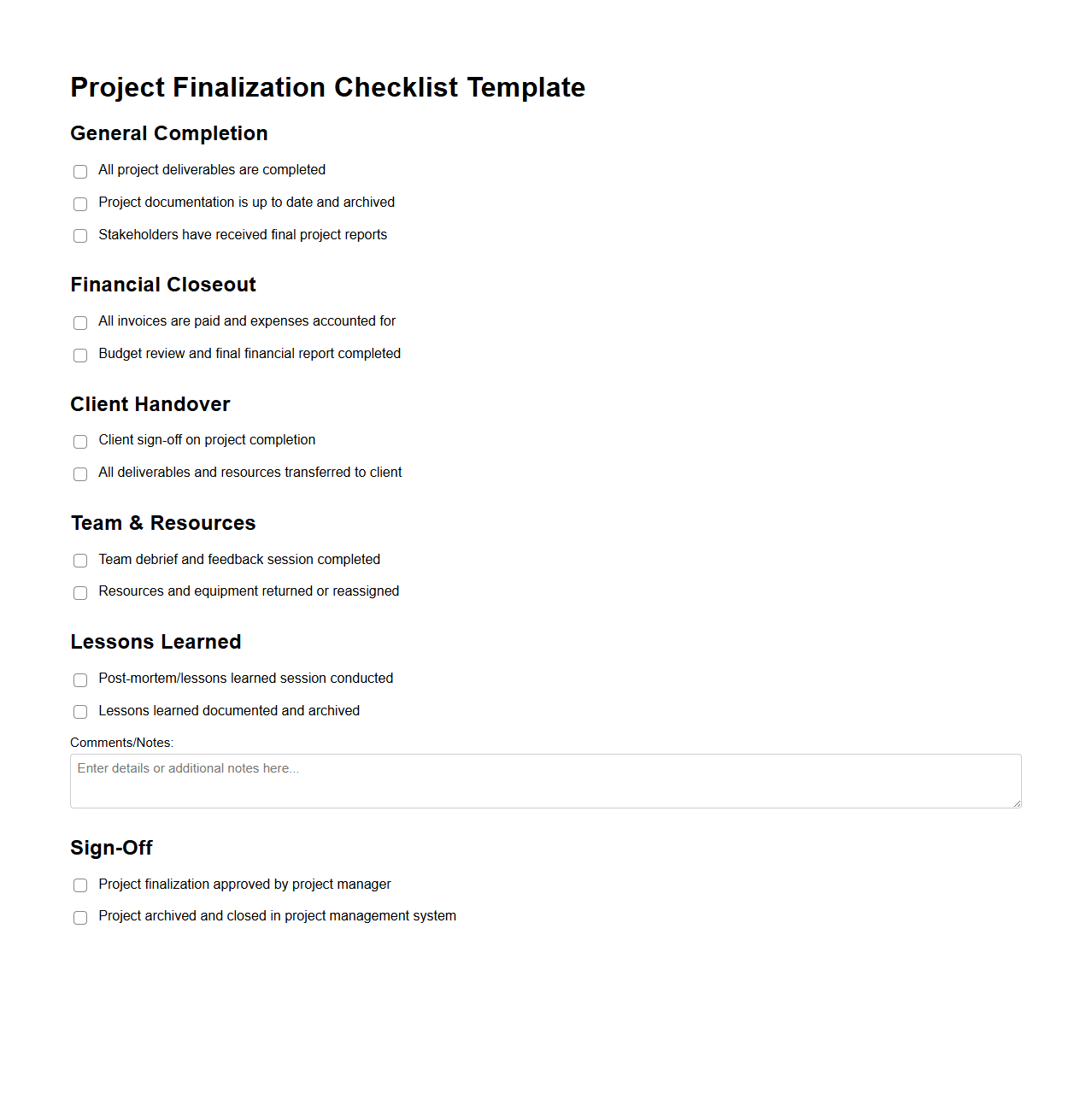 Project Finalization Checklist Template