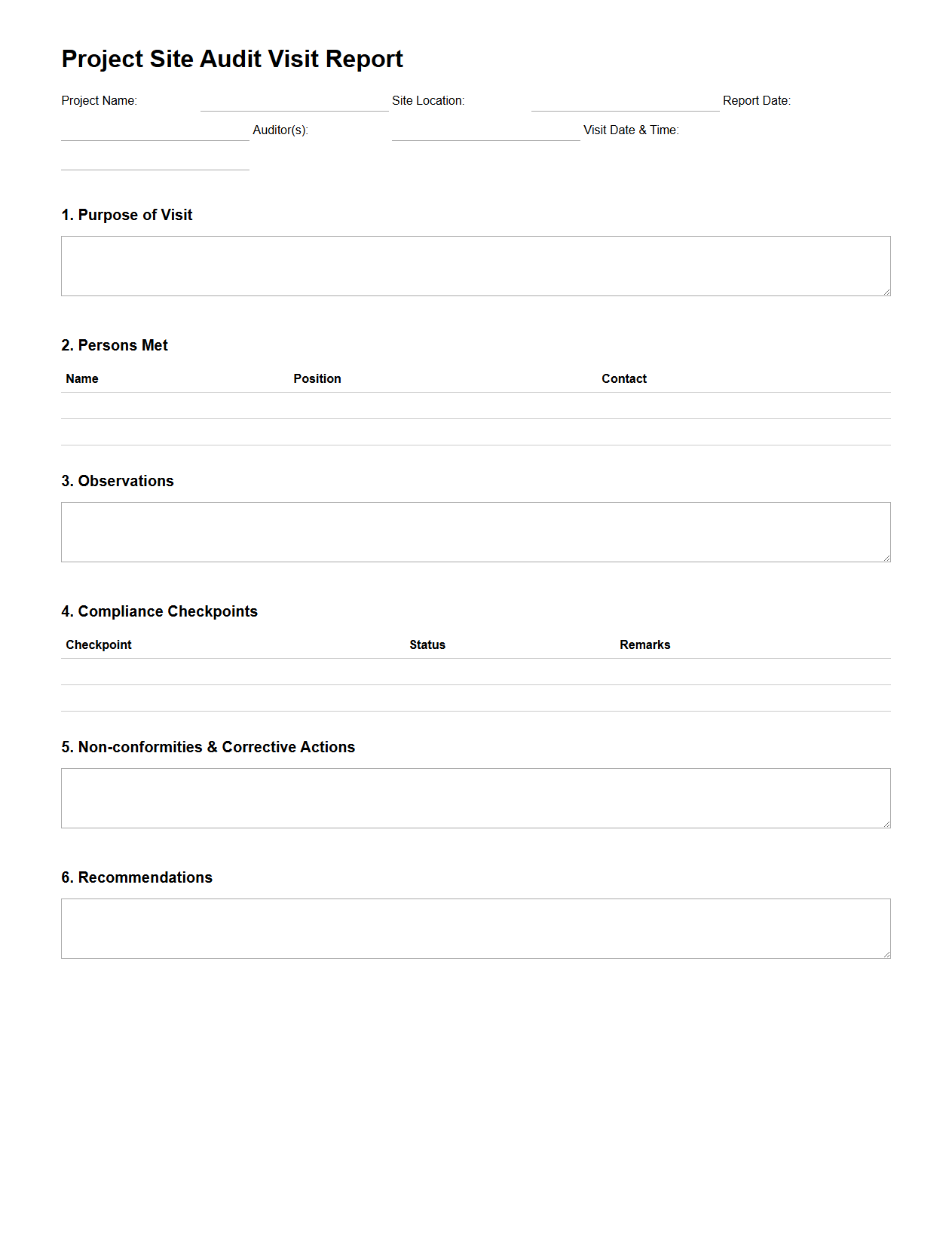 Project Site Audit Visit Report Template