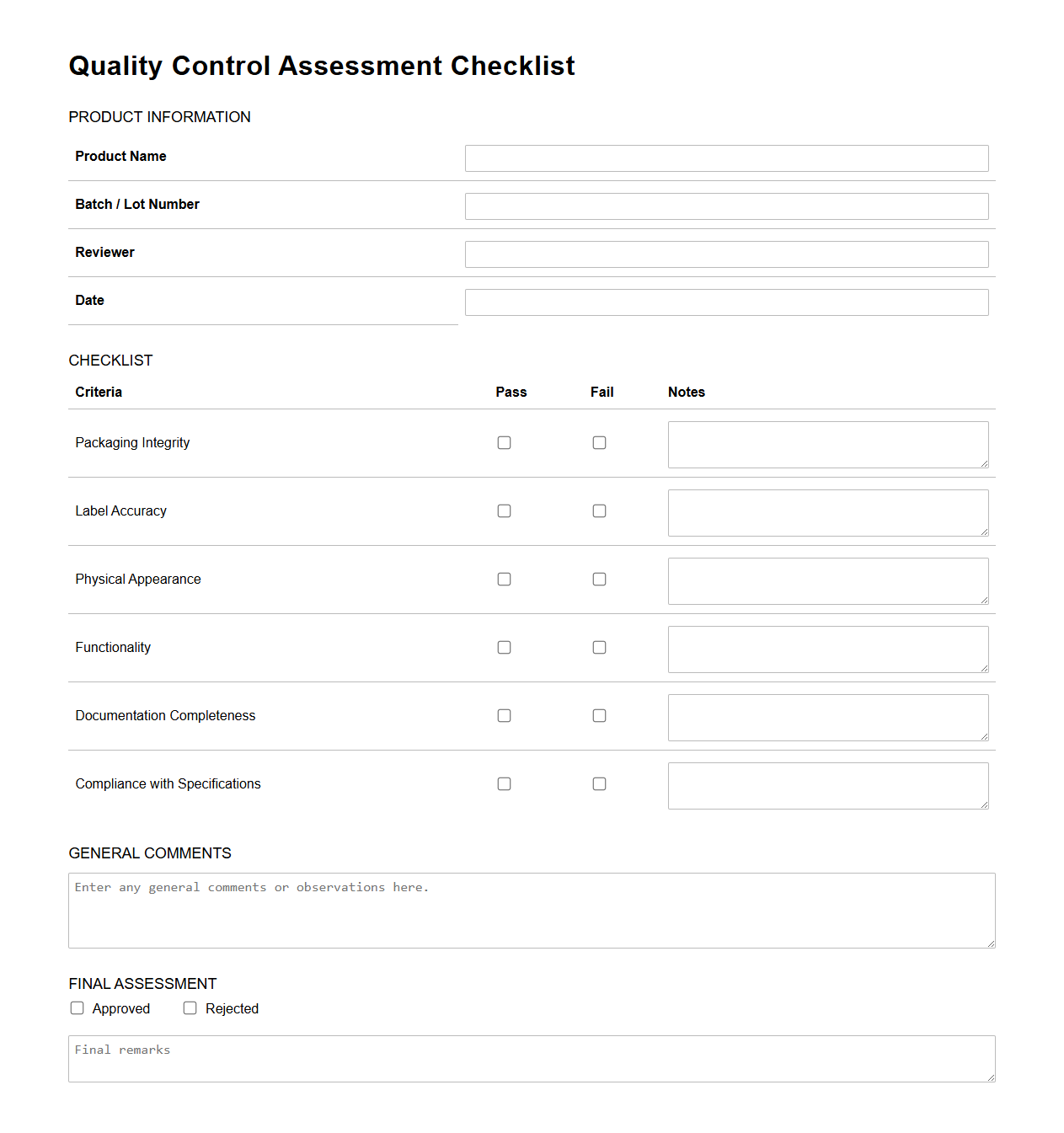Quality Control Assessment Checklist for Product Review